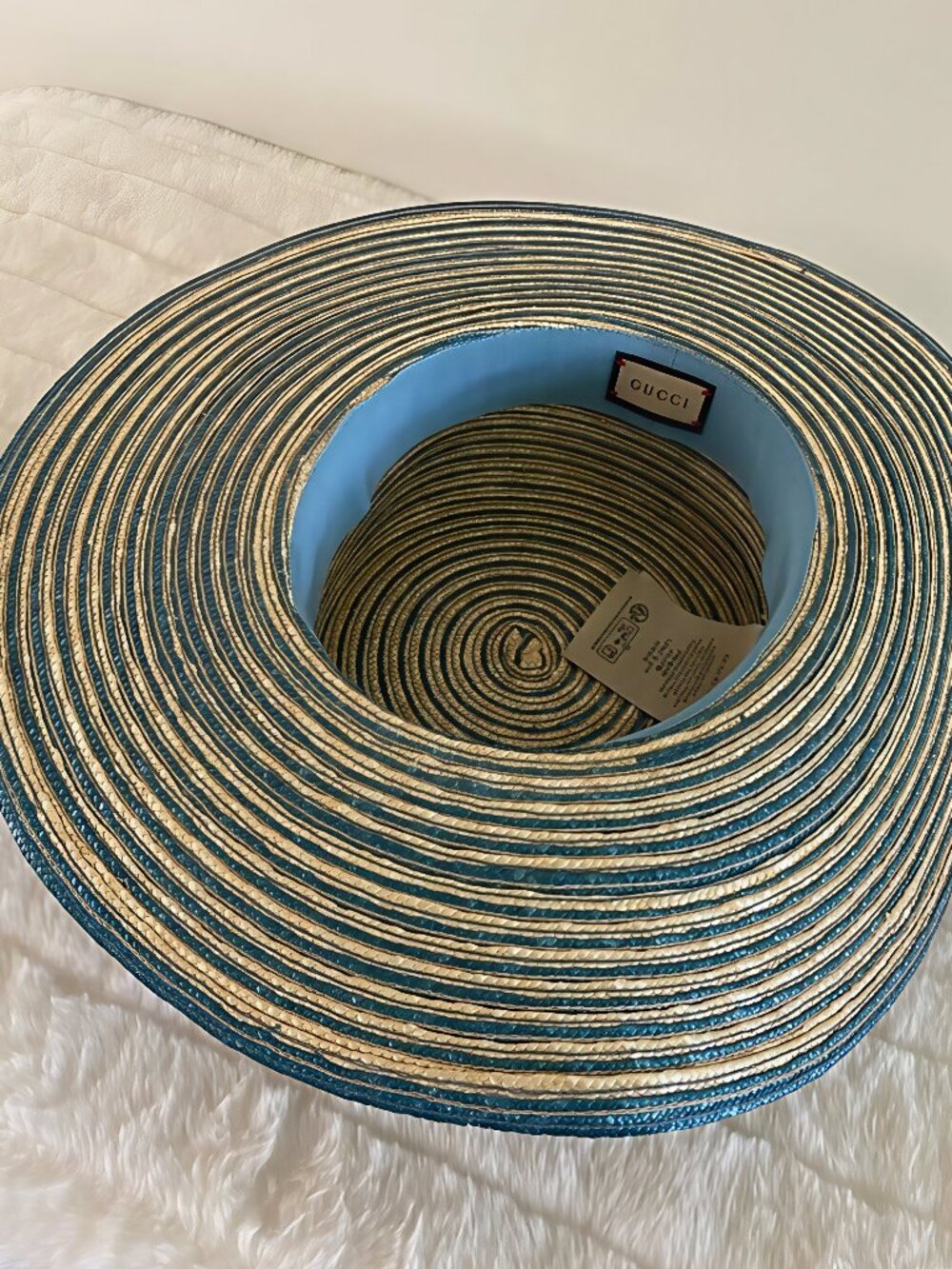 GUCCI Alvy Striped Beige and Light Blue Raffia Straw Hat - PRICE FIRM - Picture 9 of 16